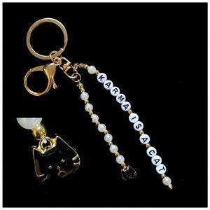 Karma Is A Cat Keychain Pearls Gold Tone Beads Black Cat Gold Tone Keyring